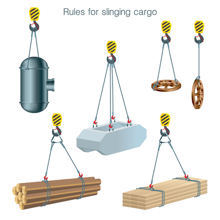 Rules for slinging cargo. Safety at the construction site. Lifting of building units. Set of vector illustrations on white backgroundのイラスト素材