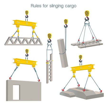 Rules for slinging cargo. Safety at the construction site. Lifting of reinforced concrete products. Set of vector illustrations on white background