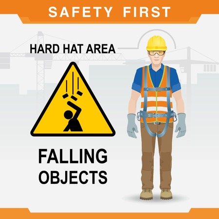 Safety at the construction site. Safety first. Falling objects. Hard hat area. Vector illustrationのイラスト素材