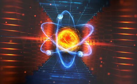 Creation of artificial intelligence. Experiments with the hadronic collider. Investigation of the structure of an atom. 3D illustration of an innovative breakthrough in scienceの写真素材