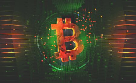Bitcoin symbol. Concept of cryptocurrency mining. 3D illustration on a technological backgroundの写真素材