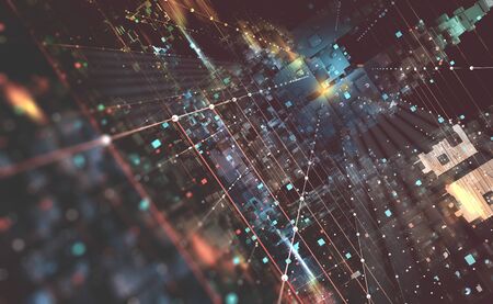 Abstract tech background 3D illustration. Quantum computer architecture. Fantastic night city. Futuristic technologies in global communication networkの写真素材