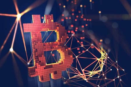 Bitcoin 3D illustration. Futuristic concept of mining cryptocurrency. Bright pixel symbol on a dark backgroundの写真素材