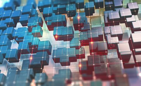 Blockchain technology. Information blocks in cyberspace. Decentralized network. 3D illustration on a technological background.の写真素材