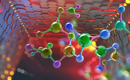 Molecule. Hi Tech technology in the field of genetic engineering. Scientific breakthrough in molecular synthesis. 3D illustration on a futuristic backgroundの写真素材