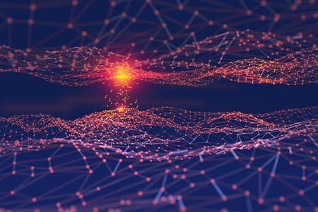 Artificial digital neural network. Blockchain technology. 3d illustration of the information concept of future on a dark backgroundの写真素材