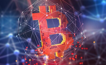 Bitcoin 3D illustration. Futuristic concept of mining cryptocurrency. Money in cyberspaceの写真素材