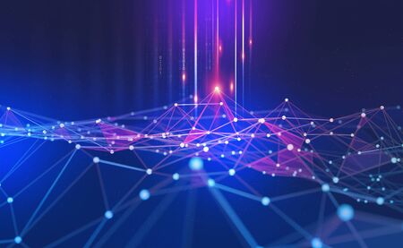 Big Data concept. Blockchain. 3D illustration. Neural networks and artificial intelligence. Abstract technological background with binary code elementsの写真素材
