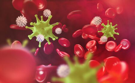 Blood cells. Leukocytes attack the virus. Immunity of the body. 3D illustration. Innovations in medical researchの写真素材