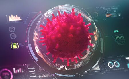 Microbiology of the future. Futuristic concept of the study of viruses and bacteria. 3D illustration on a technological backgroundの写真素材