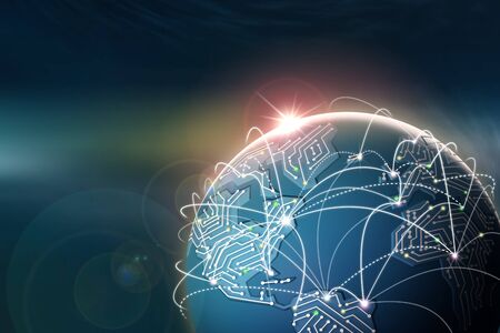 Global Internet. Communication and data exchange. Dawn over the planet and the continents of the...