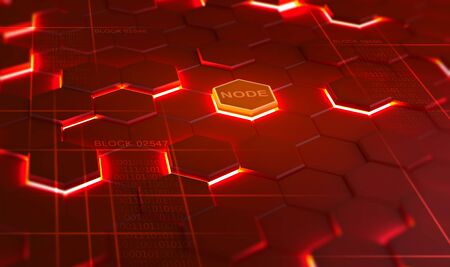Futuristic background consisting of flaming hexagons arranged on a plane. Conceptual 3D illustration on the topic of cyberspace. Protection and data transfer using Block Chaine technologyの写真素材