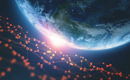 Blockchain technology. Big data global network. Planet earth 3D illustration. Element of this image furnished by NASAの写真素材