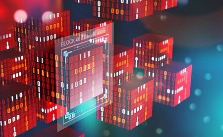Blockchain technology. Information blocks in digital space. Decentralized global network. Cyberspace data protection. 3D illustration with elements of a binary codeの写真素材