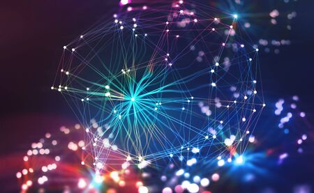Artificial Neural Network. Big Data concept. Artificial intelligence in the technology of the future. 3D illustration of a polygonal mesh with bright flashes. Bokeh effectの写真素材