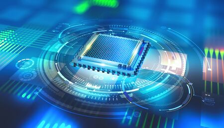 Futuristic CPU. Quantum processor in the global computer network. 3d illustration of digital...