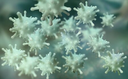 Colony of microorganisms under the microscope. Germs and viruses in humans. Cell research. 3D...