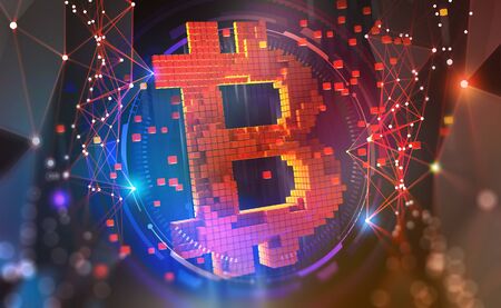 Bitcoin symbol. Concept of cryptocurrency mining. 3D illustration on a technological backgroundの写真素材
