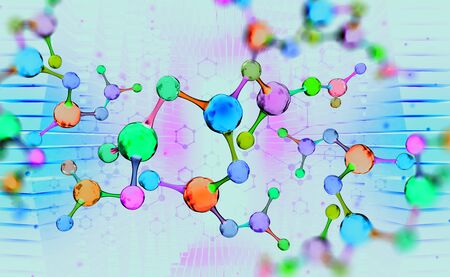 Molecule. Hi Tech technology in the field of genetic engineering. Scientific breakthrough in molecular synthesis. 3D illustration on a futuristic backgroundの写真素材