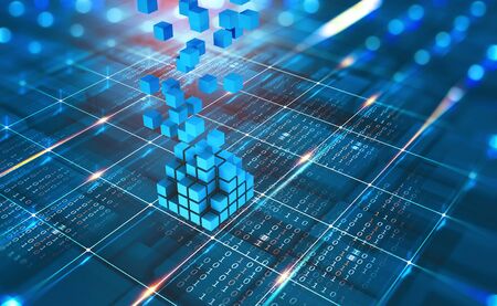 Abstract concept Blockchain network. Fintech technology. Global protection and data transmission. 3D...