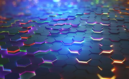 A field of hexagons in a futuristic 3D illustration. Bright color and neon light of the heated edges of the hexagons. Shallow depth of field with bokeh effectの写真素材