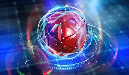 Future processor. Quantum CPU in the nanotech computer network. 3d illustration of digital cyberspace with HUD elementの写真素材