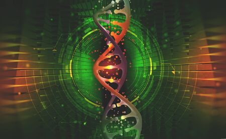 DNA helix. Hi Tech technology in the field of genetic engineering. Work on artificial intelligence. 3D illustration on a futuristic backgroundの写真素材