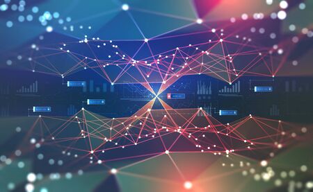 Global network. Blockchain 3D illustration. Neural networks and artificial intelligence. Concept of cyberspace. Abstract technological background with binary code elementsの写真素材