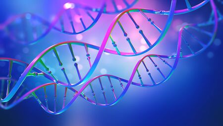 DNA. Study of gene structure of cell. DNA molecule structure. 3D double helix illustration. Genetic engineering of the future. Full color, bright backgroundの写真素材