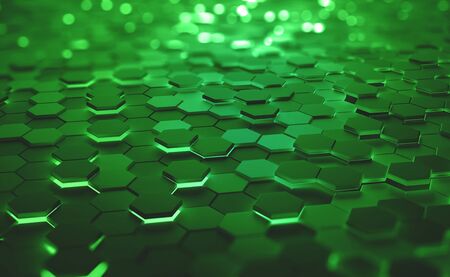 A field of hexagons in a futuristic 3D illustration. Computer of the future. Burning, glowing edges of objects. Shallow depth of field with bokeh effectの写真素材
