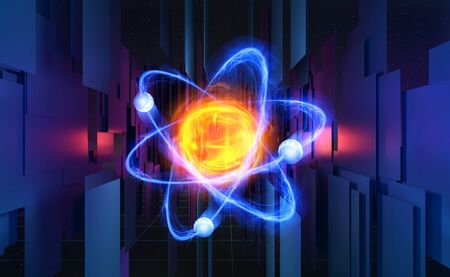 Atom 3d illustration. Basis of universe. Particle of God, First Matter. Study of structure of universe. Hadron Collider and Future Technologiesの写真素材