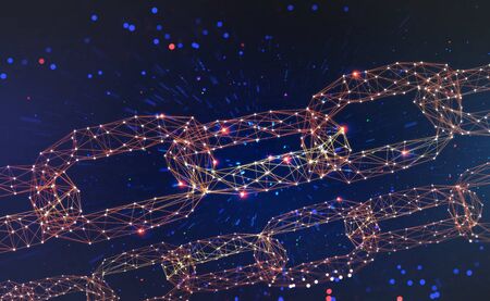 Blockchain. Chain of information blocks in cyberspace. 3D illustration of a global computer network of the future. Data protection on the decentralized internetの写真素材