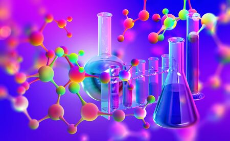 Molecular structure. 3D illustration of flasks and test tubes. Chemical laboratory and innovations in medicineの写真素材