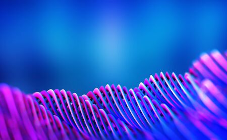 Futuristic abstract neon waves. Twisted lines with shallow depth of field. 3D illustration in purple and blue colorsの写真素材