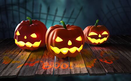 Halloween. Pumpkin ghost 3D illustration. Jack Pumpkinhead, Jack-O-Lantern. Burning eyes on a mysterious night backgroundの写真素材
