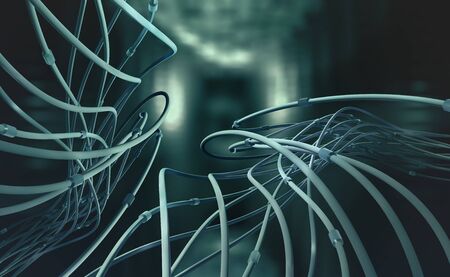 Artificial intelligence 3D illustration. Digital technologies in cyberspace of future. Cybersecurity in global network. Abstract portal with wires in foregroundの写真素材