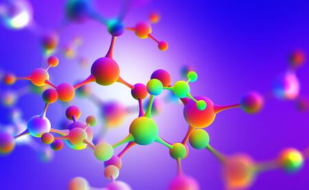 Neon molecular mesh design. Purple ultraviolet. 3D illustration of an abstract colorful moleculeの写真素材