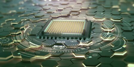 Futuristic processor concept. Global database in digital cyberspace. 3D illustration on the topic of...