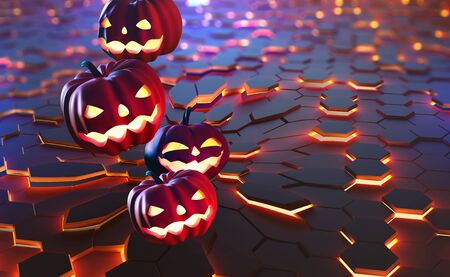 Cyber halloween. Pumpkin ghost 3D illustration. Jack Pumpkinhead, all saints night on nanotechnology backgroundの写真素材