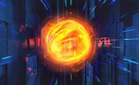 Flaming portal in cyberspace of city of future. Teleport 3D illustration. Virtual reality. Fireball on technological backgroundの写真素材
