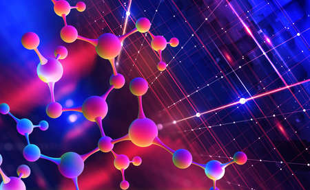 Neon molecular mesh design. Digital nanostructure. Purple ultraviolet. 3D illustration of an...
