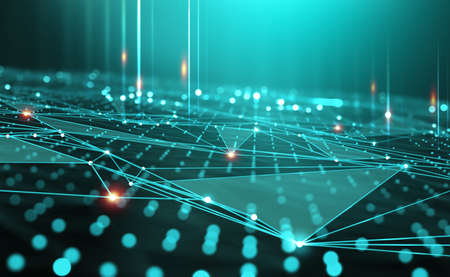 Cyber city, digital technology and Information Security. Big data concept in 3D illustration. Neural...