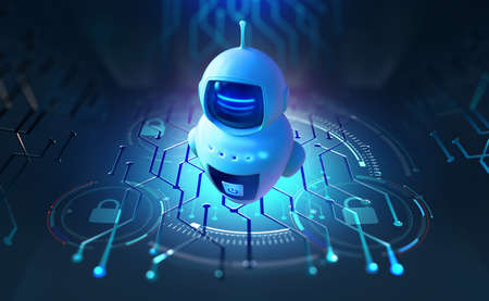 Secure chat, chat bot, network communication. Artificial intelligence in global cyberspace 3d illustration. Secure Decentralized Databasesの写真素材