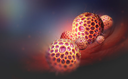 Allergens in body under microscope. Spores of pollen, fungi, germs, viruses. Virology and...