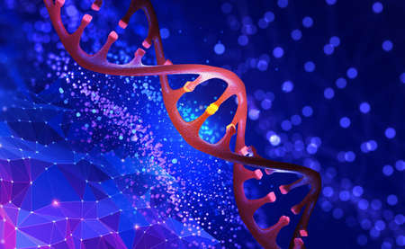 DNA helix 3D illustration. Mutations under microscope. decoding genome. Virtual modeling of chemical...