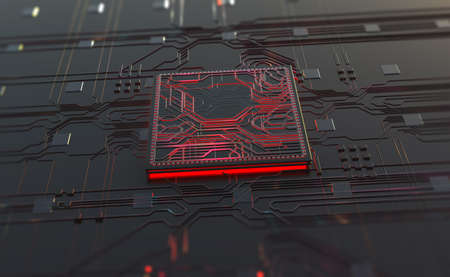 Motherboard, processor, CPU, quantum computer 3D illustration. High tech and cyber technology in...