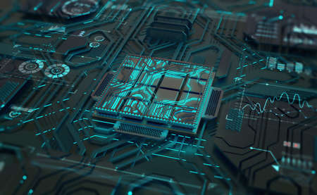 Artificial intelligence, digital mind, computer technology. Motherboard, processor, CPU, quantum...