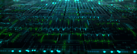 Motherboard, processor, CPU, quantum computer 3D illustration. High tech and cyber technology in...