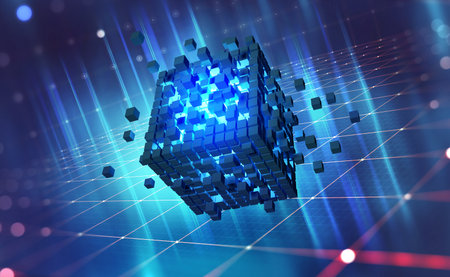 blockchain technology. Information blocks form a decentralized global database structure. 3D...