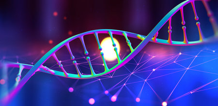 DNA helix. Hi Tech technology in the field of genetic engineering. Work on artificial intelligence. 3D illustration on a futuristic backgroundの写真素材